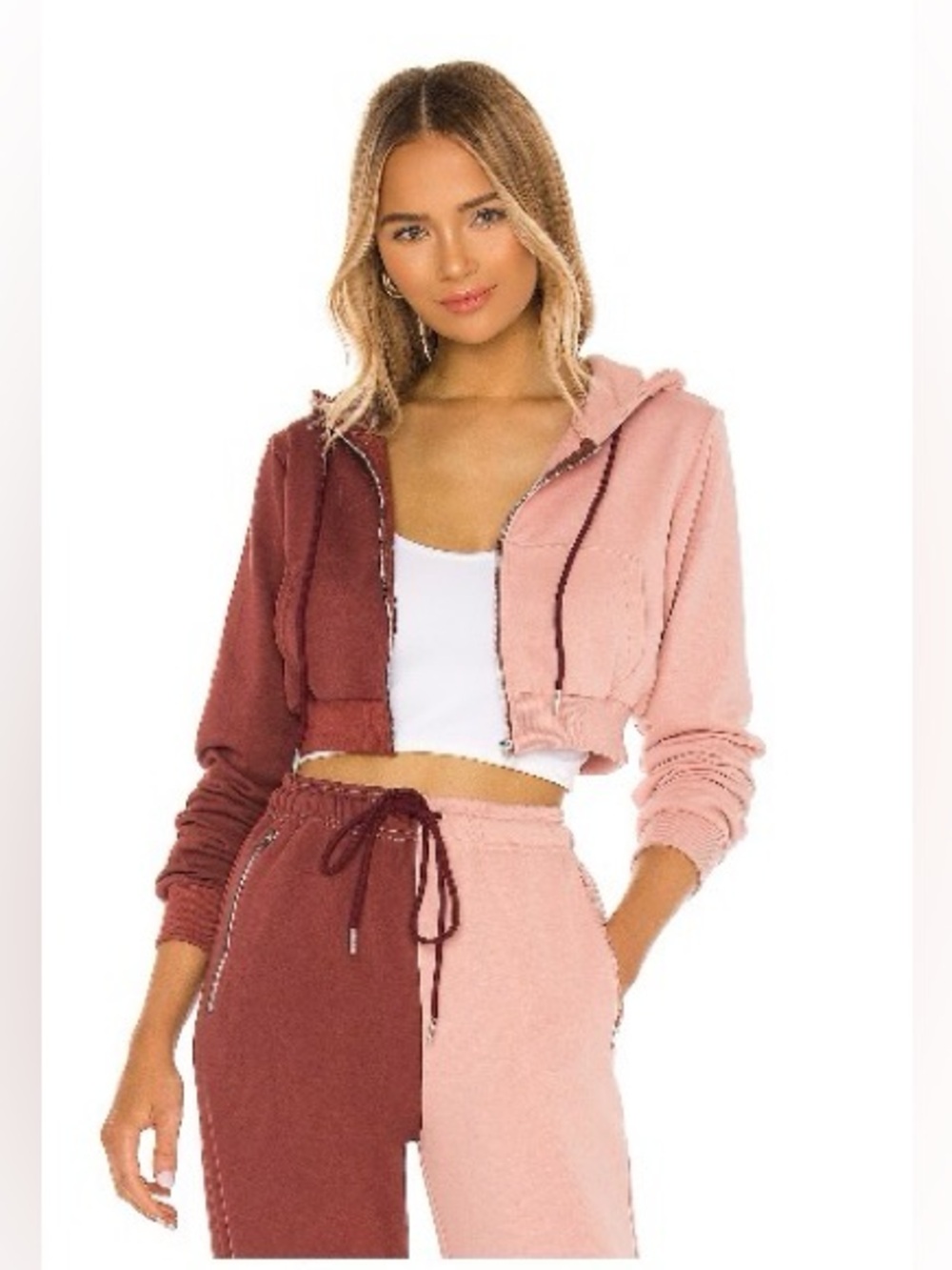 superdown Two-Tone Zip Hoodie in Burgundy & Dusty Rose
